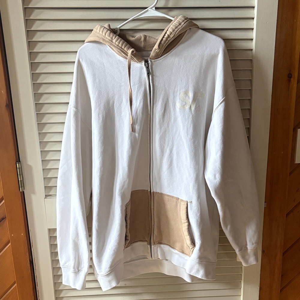 Stylish White and Tan Men's Zip-Up Hoodie